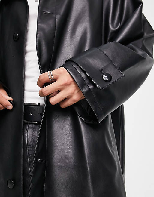 EXTREME OVERSIZED FAUX LEATHER LONGLINE OVERCOAT IN BLACK