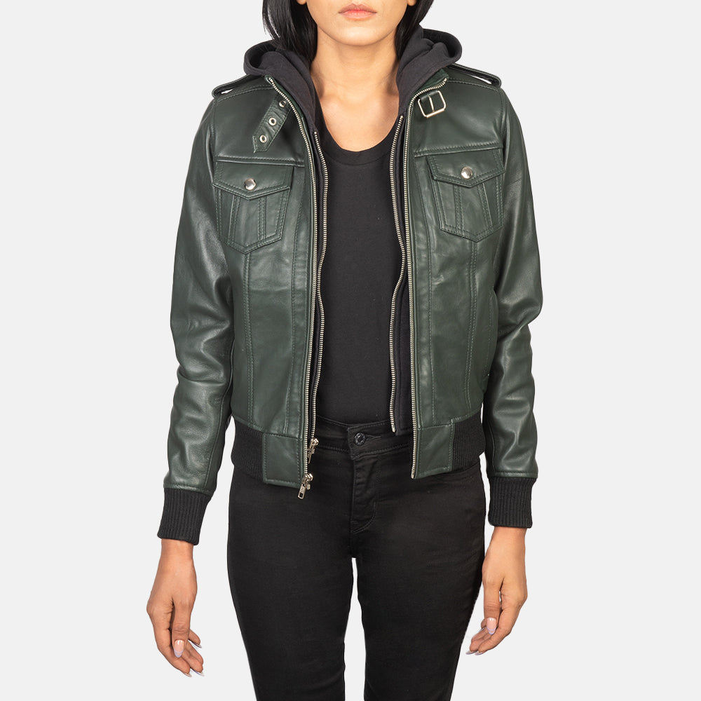 Roslyn Green Hooded Leather Bomber Jacket - Kualited