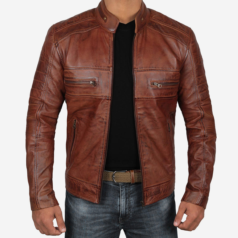 Austin Mens Distressed Brown Leather Cafe Racer Jacket