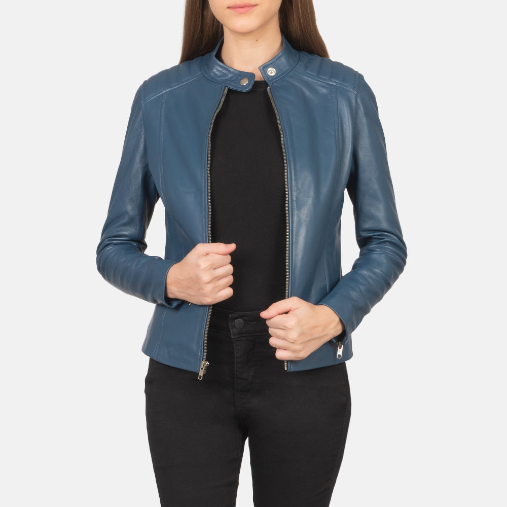 Kelsee Blue Leather Biker Jacket - Kualited