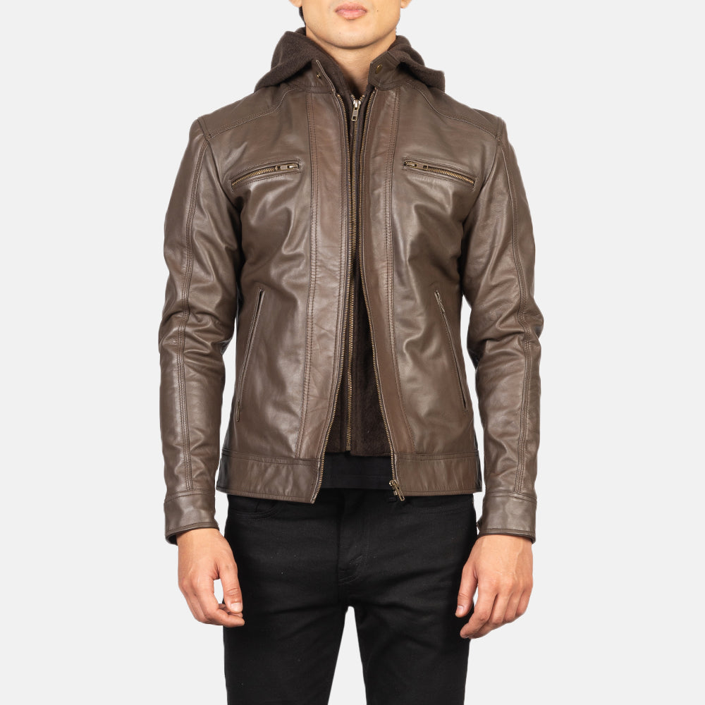 Hector Brown Hooded Leather Biker Jacket - Kualited