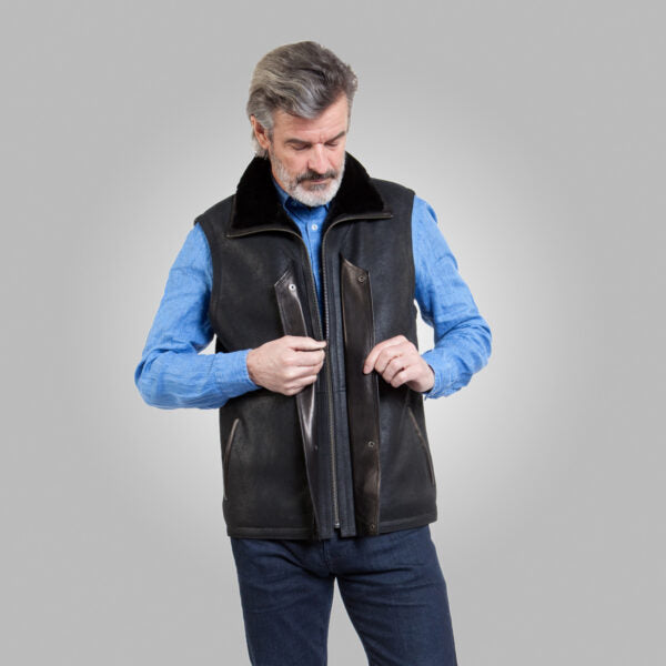 Men’s Black Leather Shearling Vest - Kualited