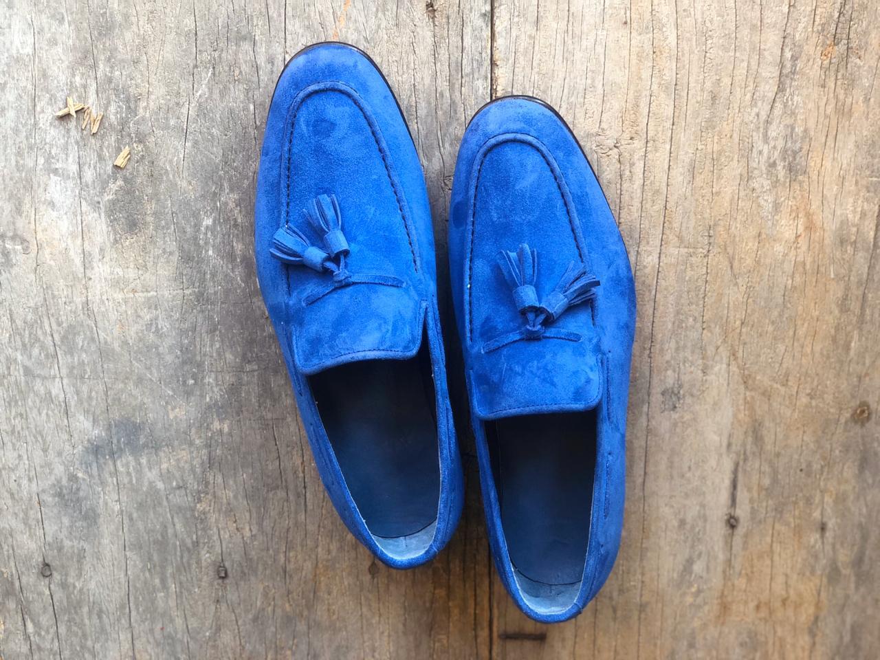 Handmade Men's Blue Suede Tassels Loafer Shoes, Men Designer Dress Formal Shoes