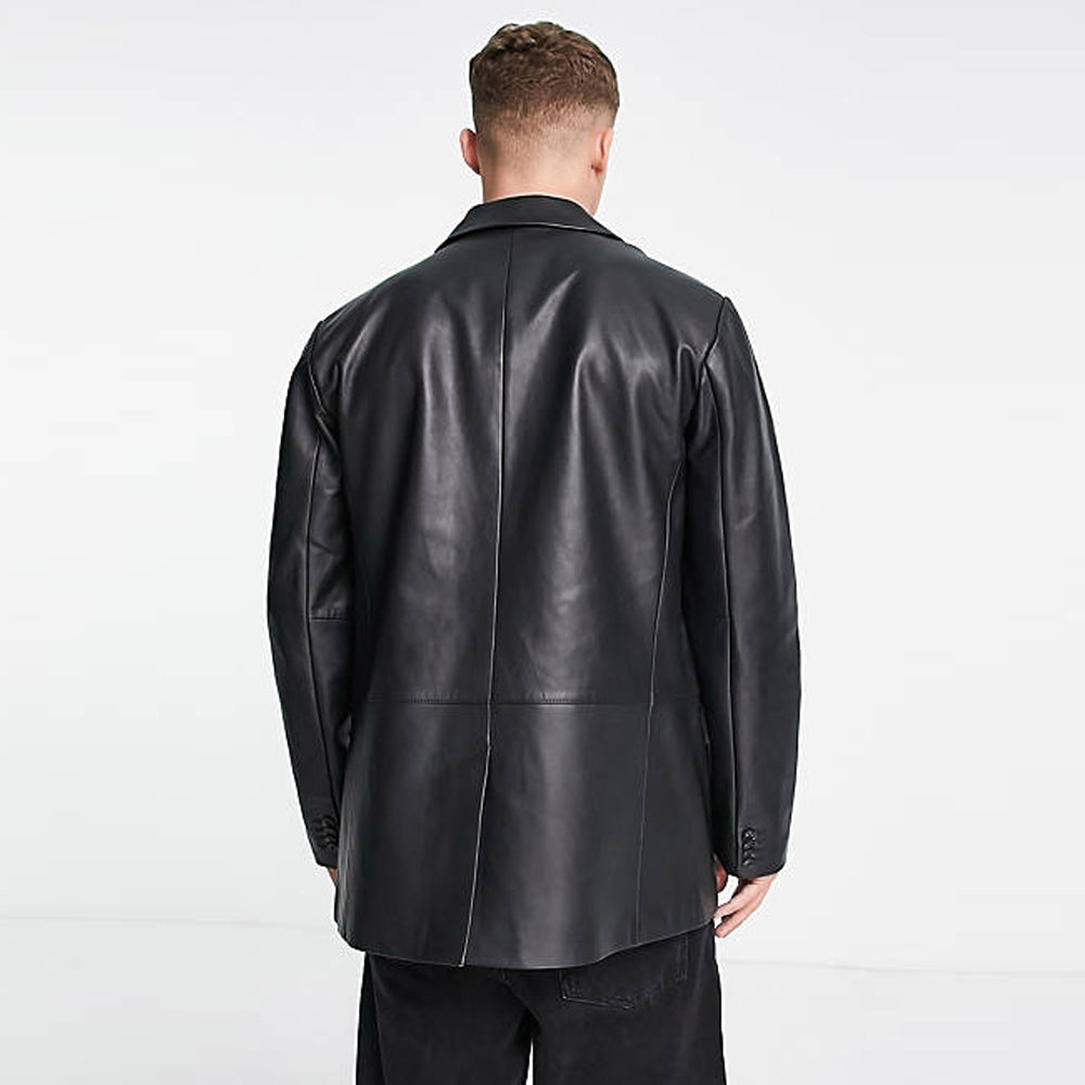 Leather boxy slim blazer in black