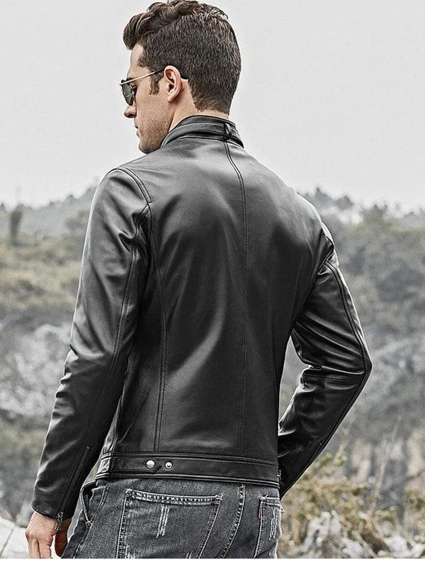 Men’s Black Leather Crew Neck Jacket