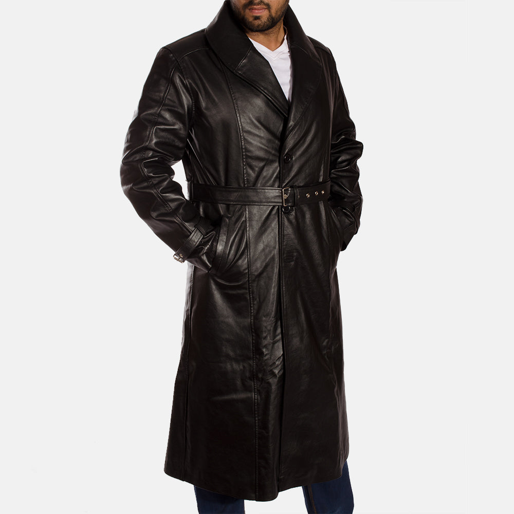 Hooligan Black Leather Trench Coat