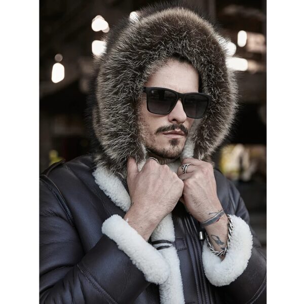 Men’s Black Leather White Shearling Removable Hooded Long Coat - Kualited