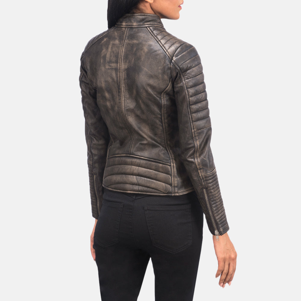 Adalyn Quilted Distressed Brown Leather Biker Jacket - Kualited