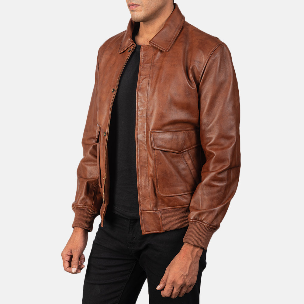 Coffmen Brown A2 Leather Bomber Jacket - Kualited