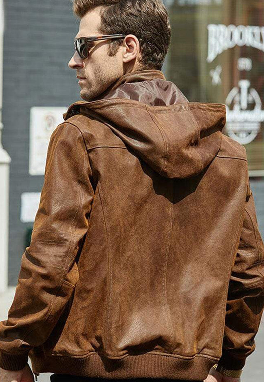 Stylish Tan Brown Leather Bomber Jacket for Men with Detachable Hood