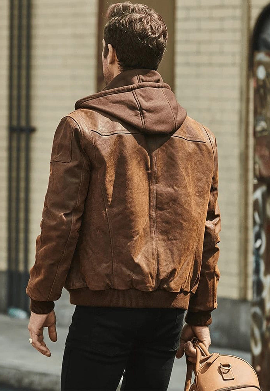 Stylish Men's Brown Leather Bomber Jacket with Removable Hood