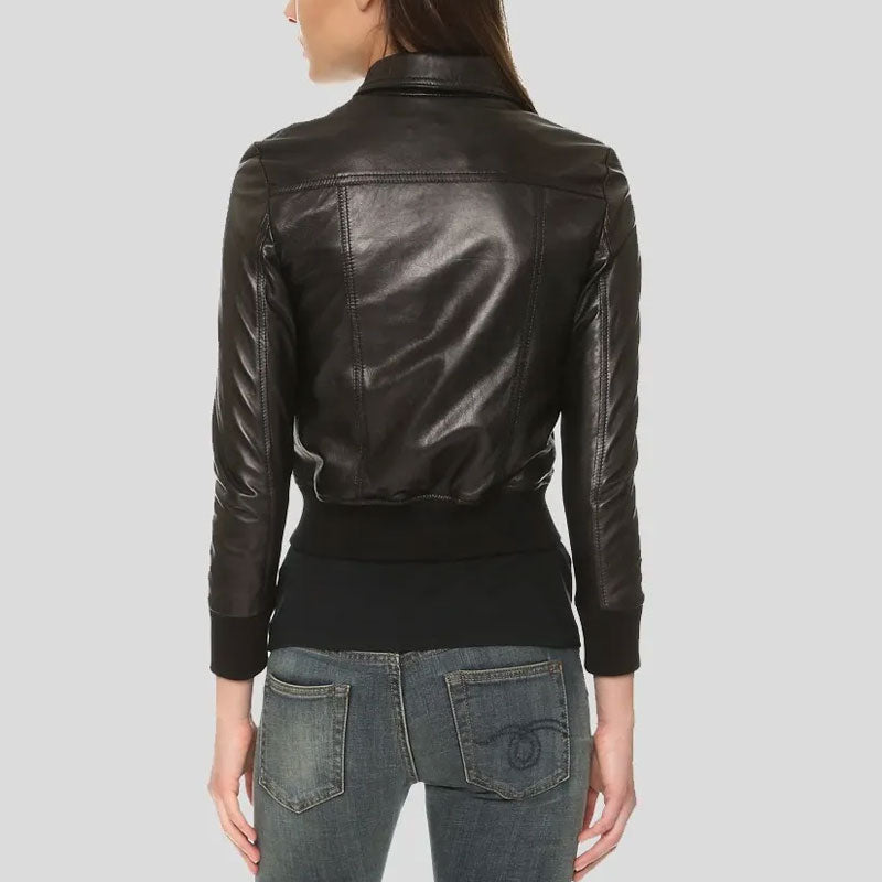 Halle Shirt Collar Black Bomber Leather Jacket