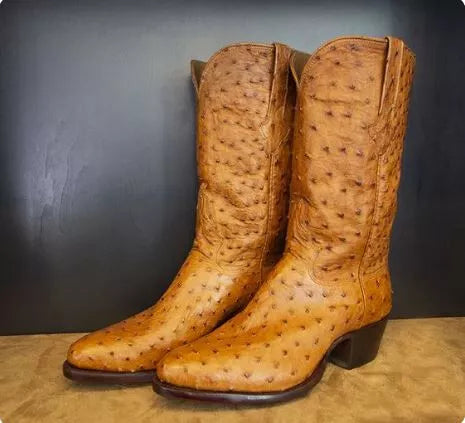 Handmade Men’s Tan High Ankle Boots, Ostrich Texture Leather Cowboy Boots.