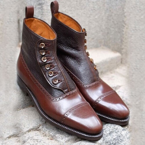 Handmade Genuine Two Tone Leather Button Ankle Dress/Formal Boots For Men's