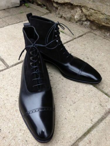 Handmade Men Pure Black Suede & Leather High Ankle Boots- Formal/Causal Shoes