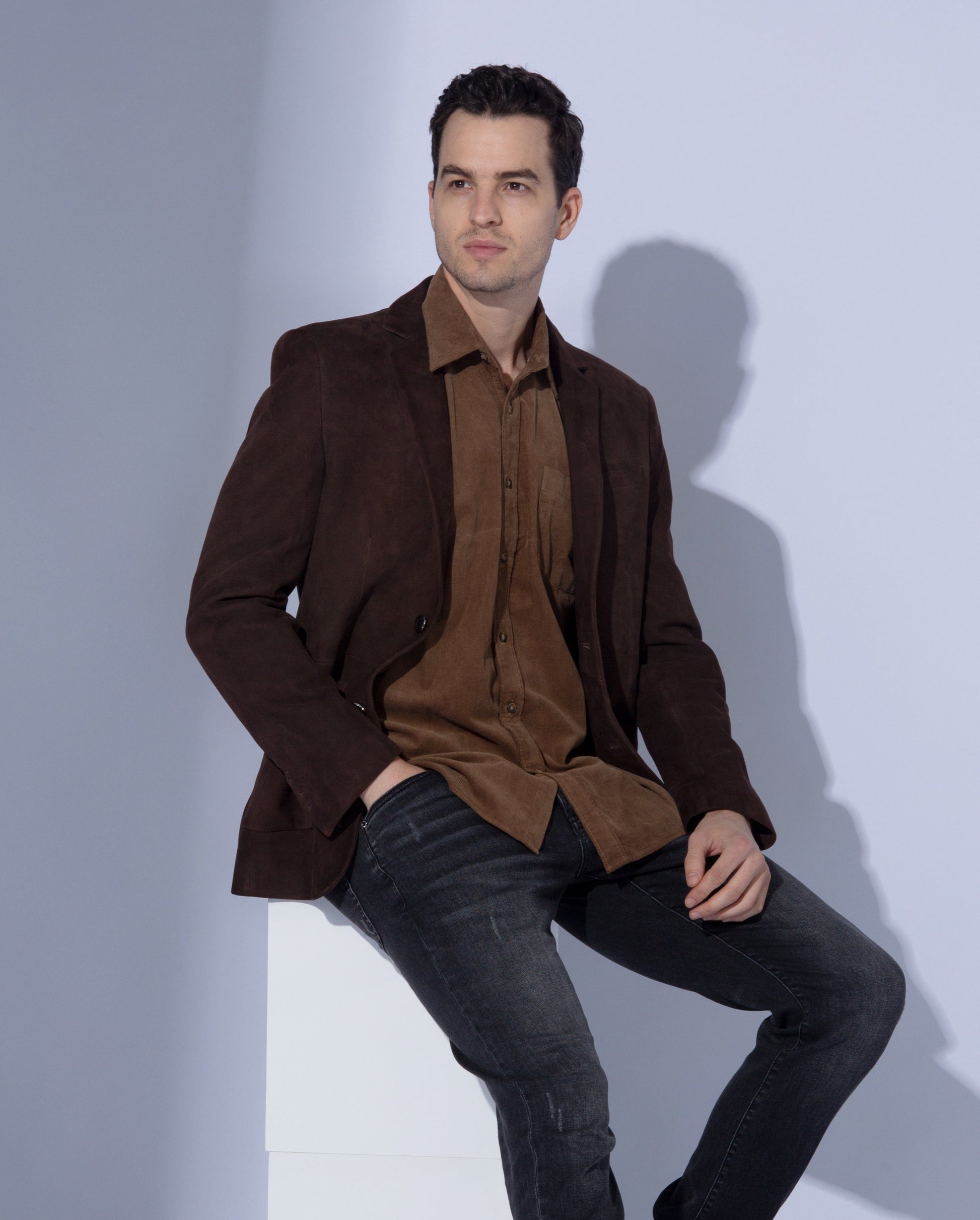 Classic 2-Button Suede Leather Blazer Brown