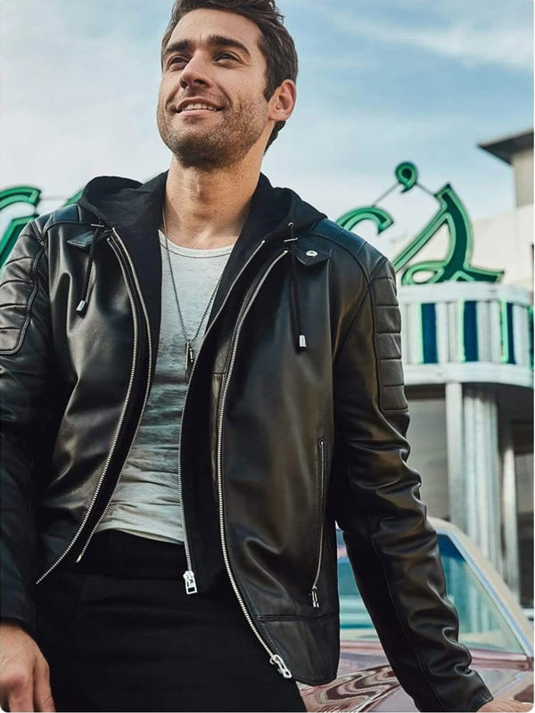 Men’s Black Leather Removable Hood Biker Jacket - Kualited