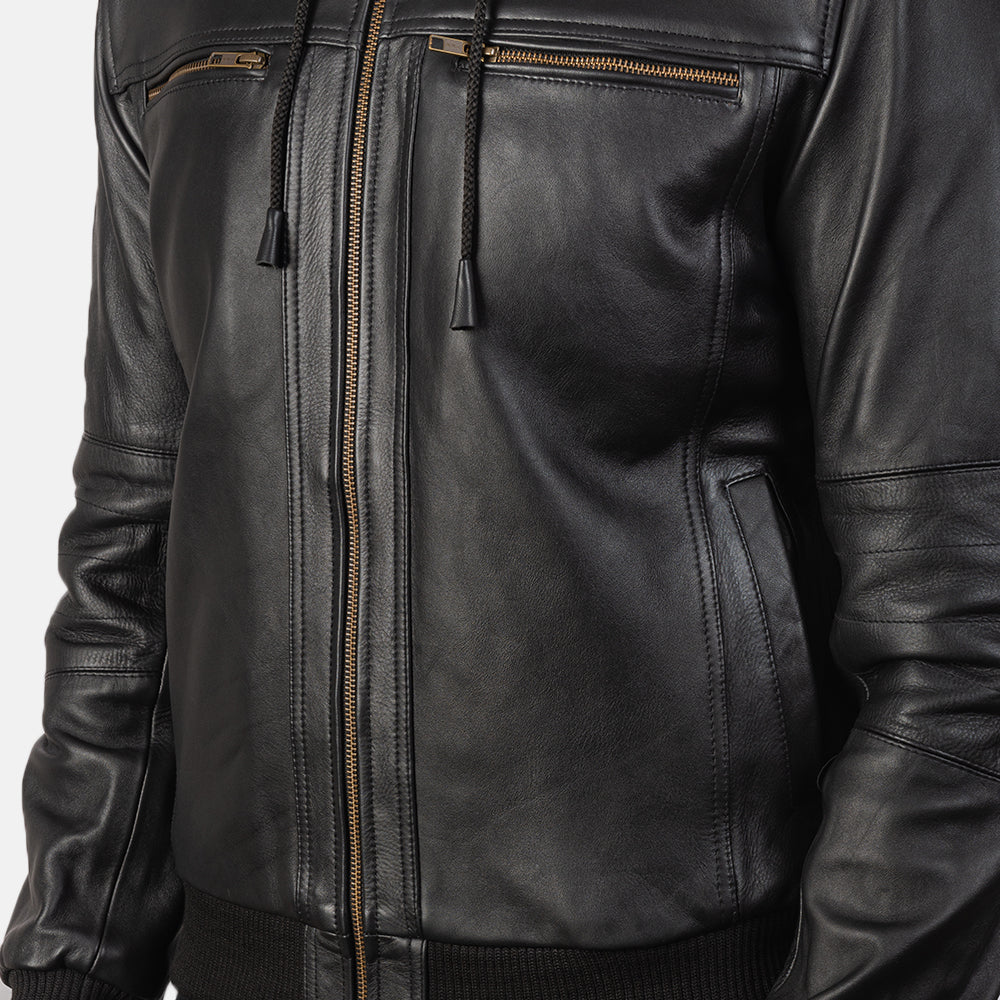 Bouncer Biz Black Leather Bomber Jacket - Kualited