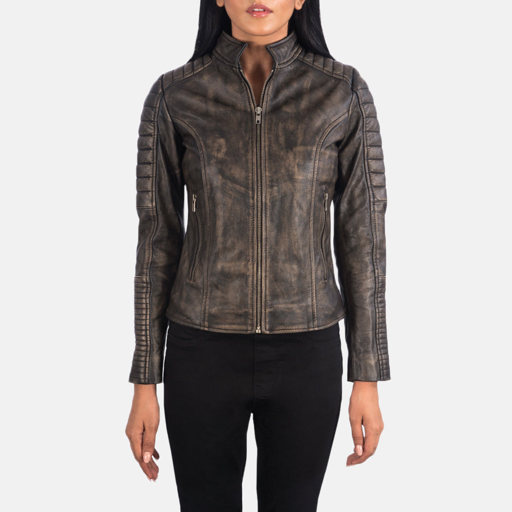 Adalyn Quilted Distressed Brown Leather Biker Jacket - Kualited