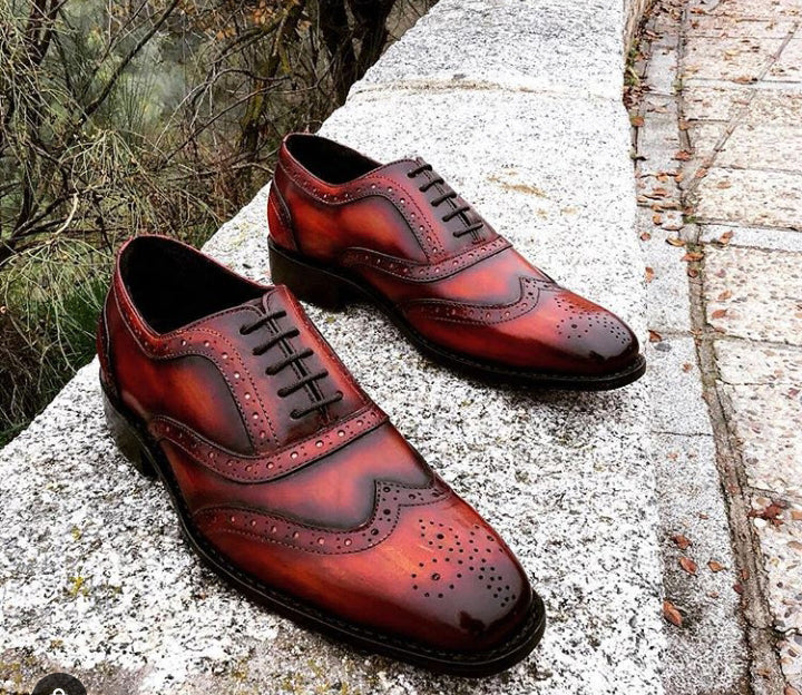 Men Red Black Burnished Brogue Toe Wing Tip Oxford Genuine Leather Shoes