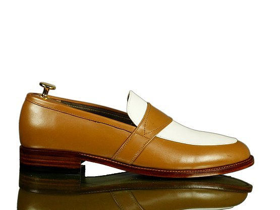 Handmade Men's Tan White Leather Penny Loafer Shoes, Men Dress Fashion Shoes