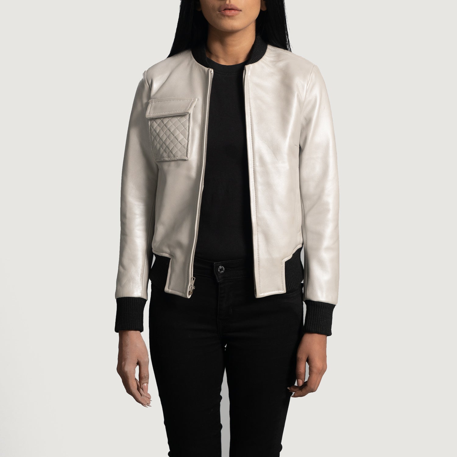 Lana Silver Leather Bomber Jacket - Kualited