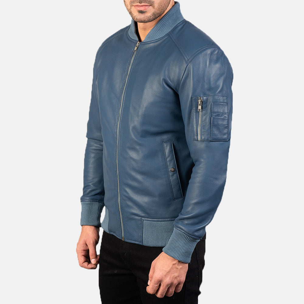 Bomia Ma-1 Blue Leather Bomber Jacket - Kualited