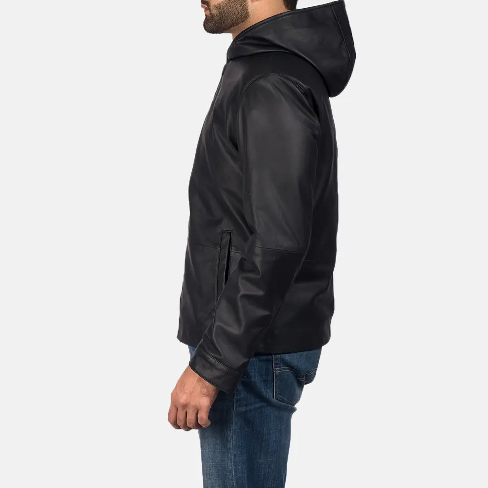 Andy Matte Black Hooded Leather Jacket - Kualited