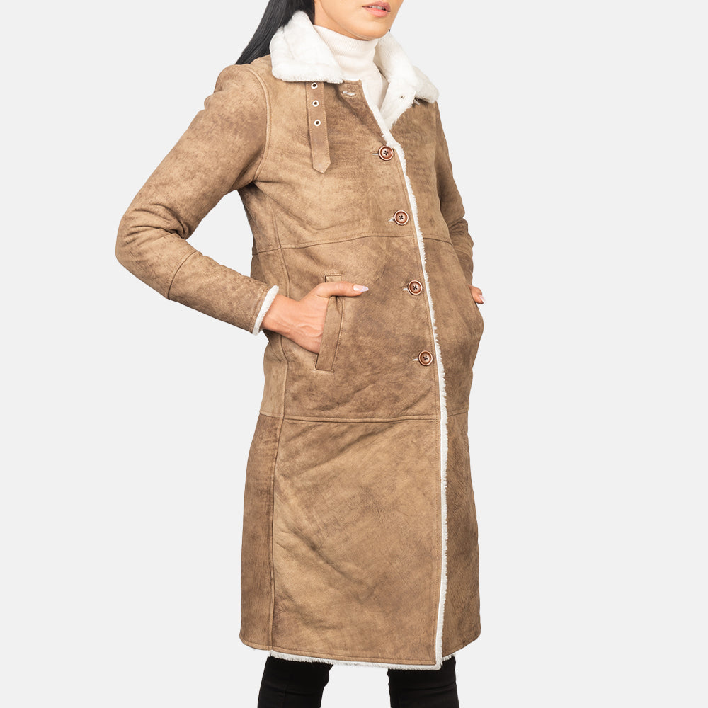 Alina Shearling Brown Leather Coat - Kualited