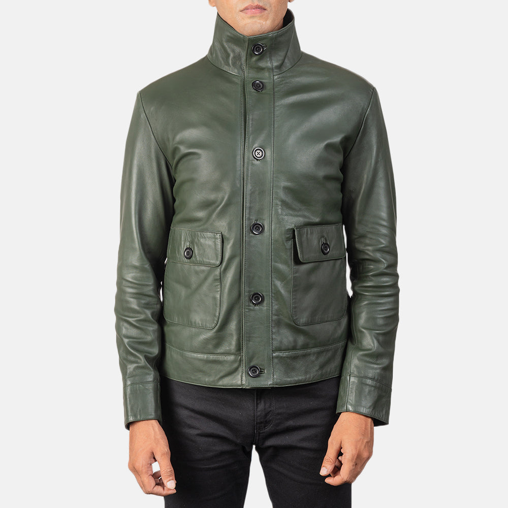 Columbus Green Leather Bomber Jacket - Kualited