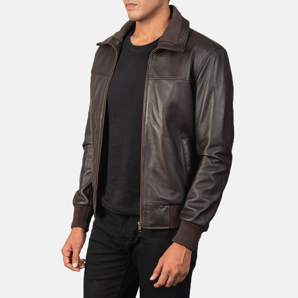 Air Rolf Brown Leather Bomber Jacket - Kualited