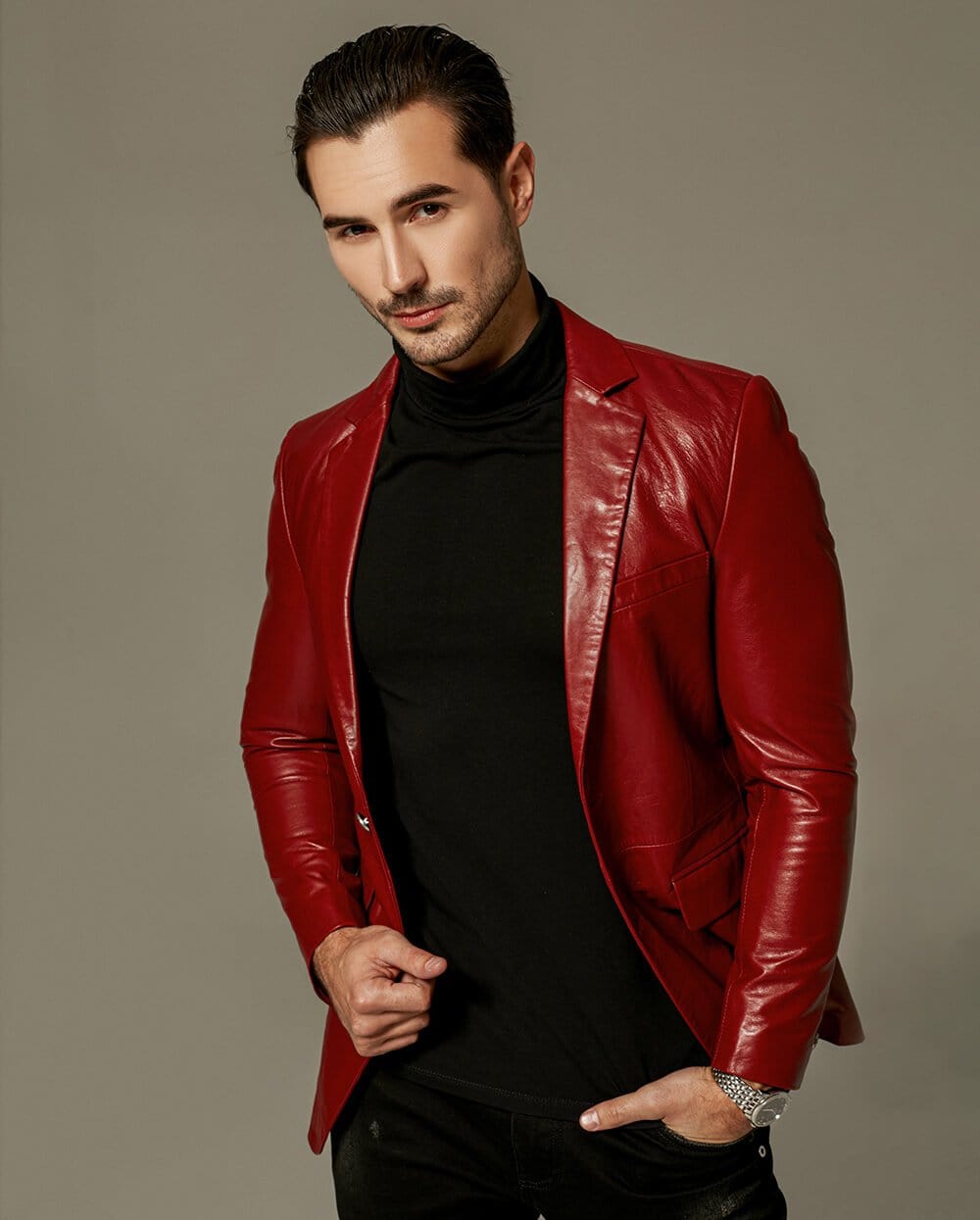 Classic Red Buttoned Goatskin Blazer Leather Jacket