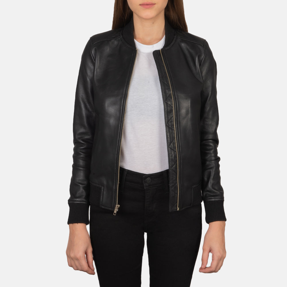 Bliss Black Leather Bomber Jacket - Kualited