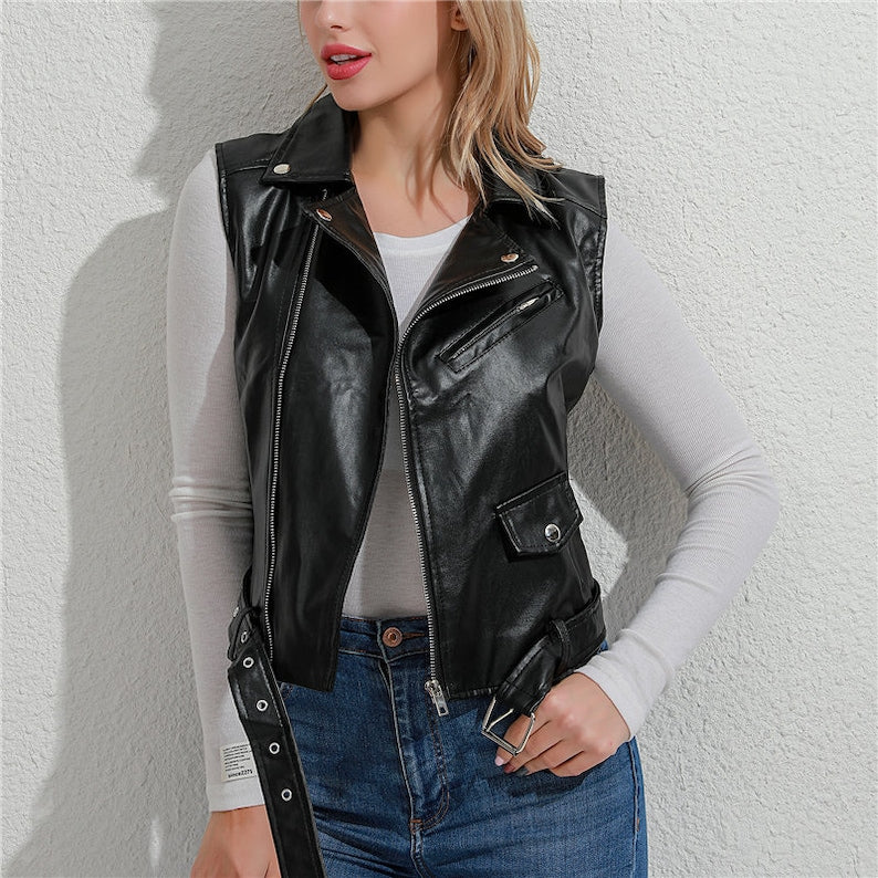 Leather Motorcycle Vest for Women Riding Club Black Biker Vests