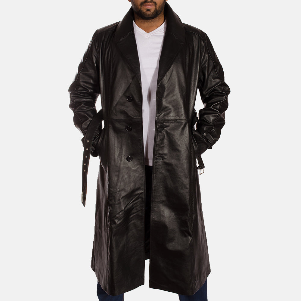 Hooligan Black Leather Trench Coat