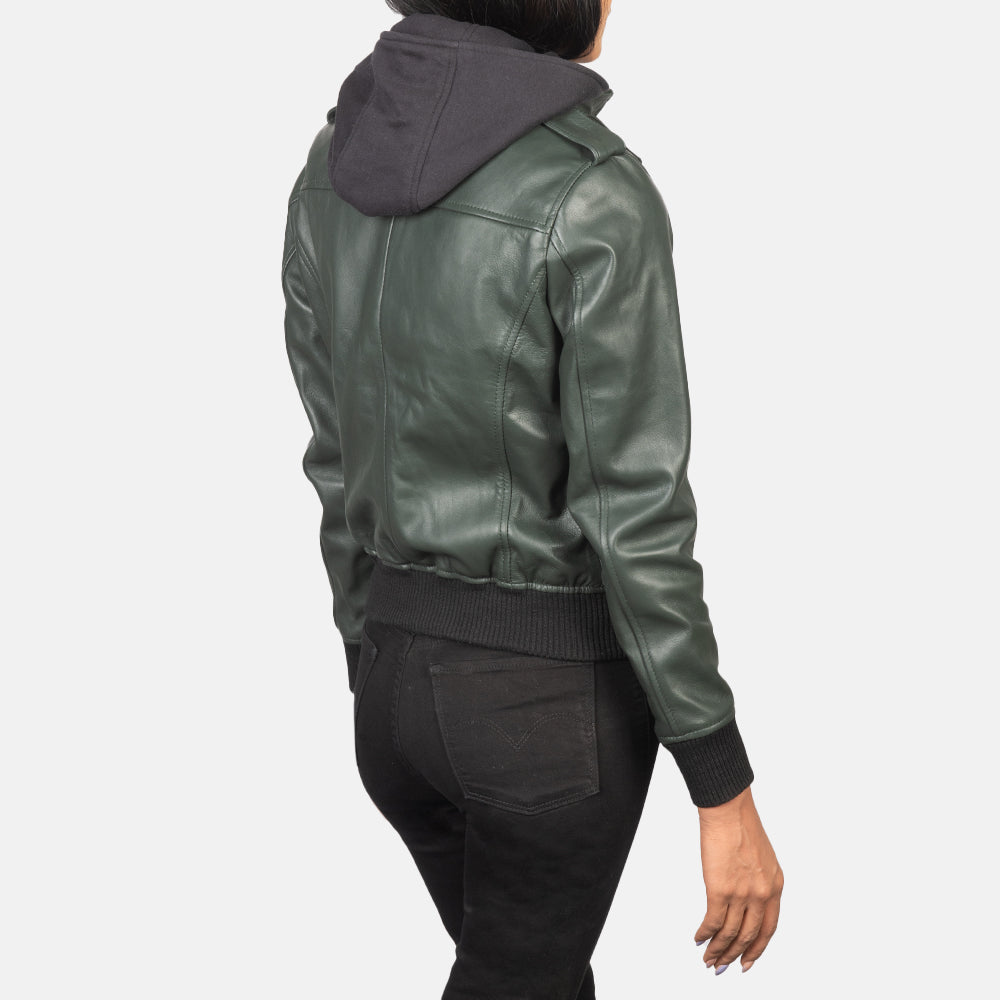 Roslyn Green Hooded Leather Bomber Jacket - Kualited