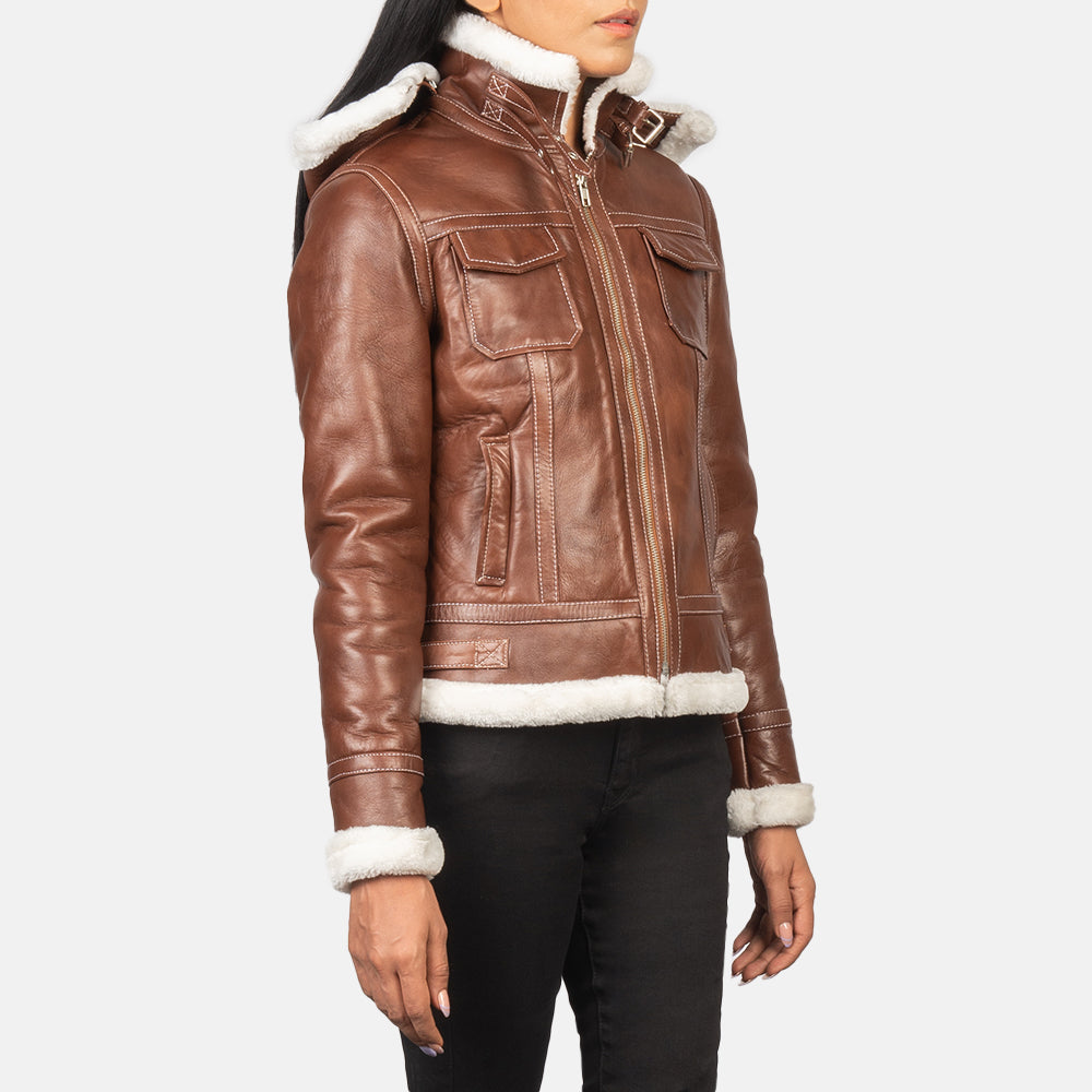 Fiona Brown Hooded Shearling Leather Jacket - Kualited