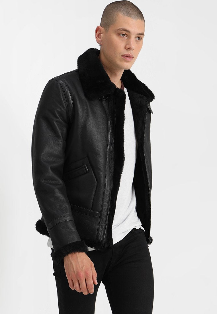 Men’s Aviator Black Leather Shearling Jacket - Kualited