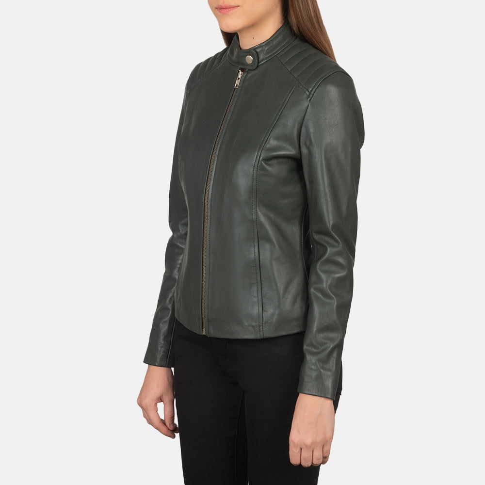 Kelsee Green Leather Biker Jacket - Kualited