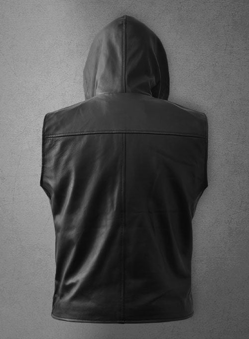 Men’s Black Leather Biker Hooded Vest - Kualited