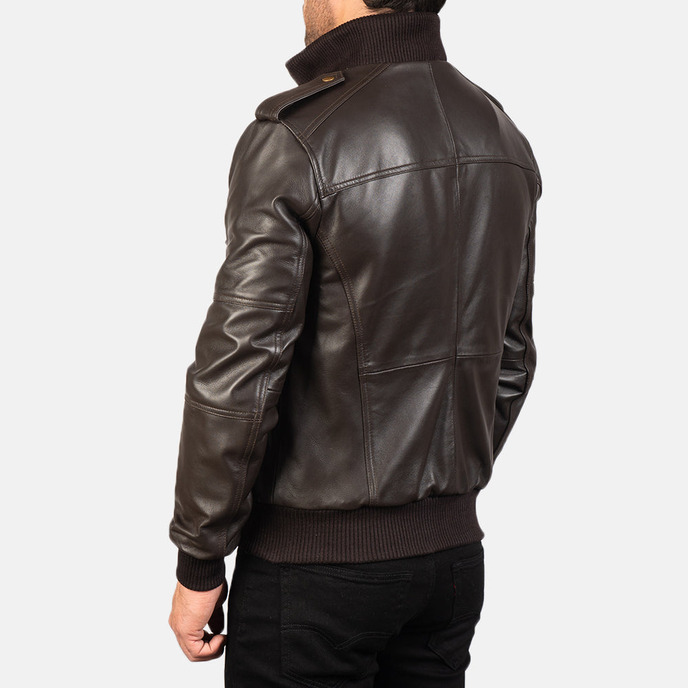 Agent Shadow Brown Leather Bomber Jacket - Kualited