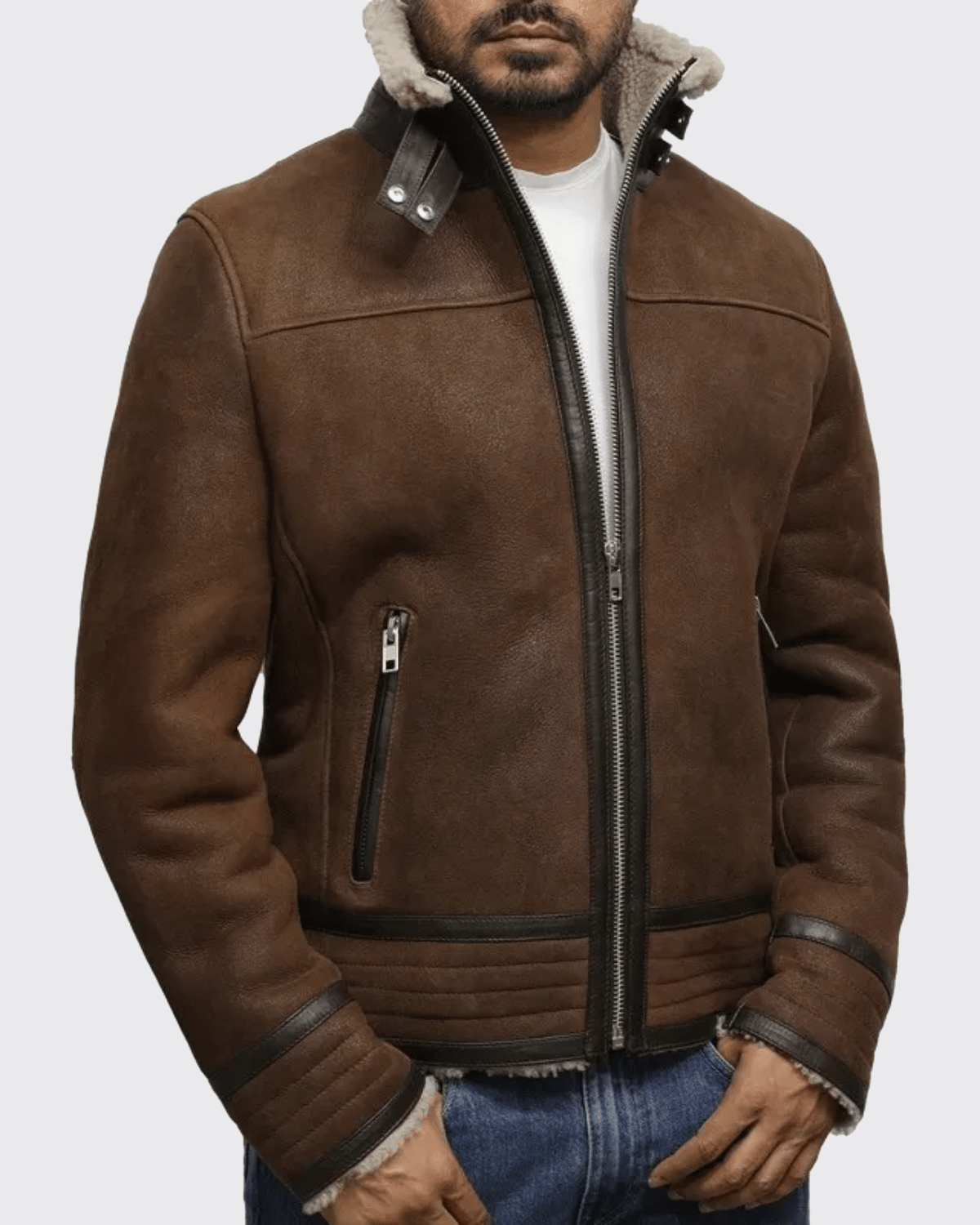 Men’s Brown Quilted Genuine Shearling Leather Aviator Flying Jacket