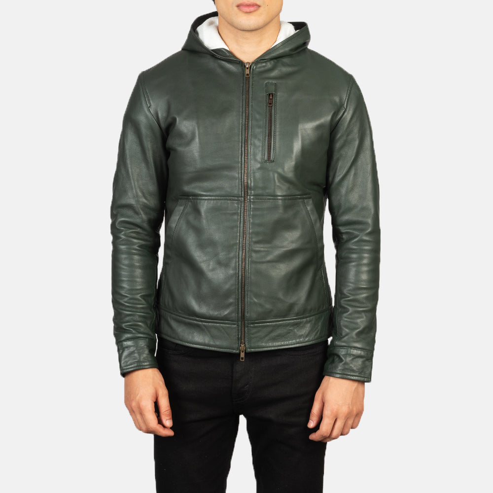 Baston Green Hooded Leather Bomber Jacket - Kualited