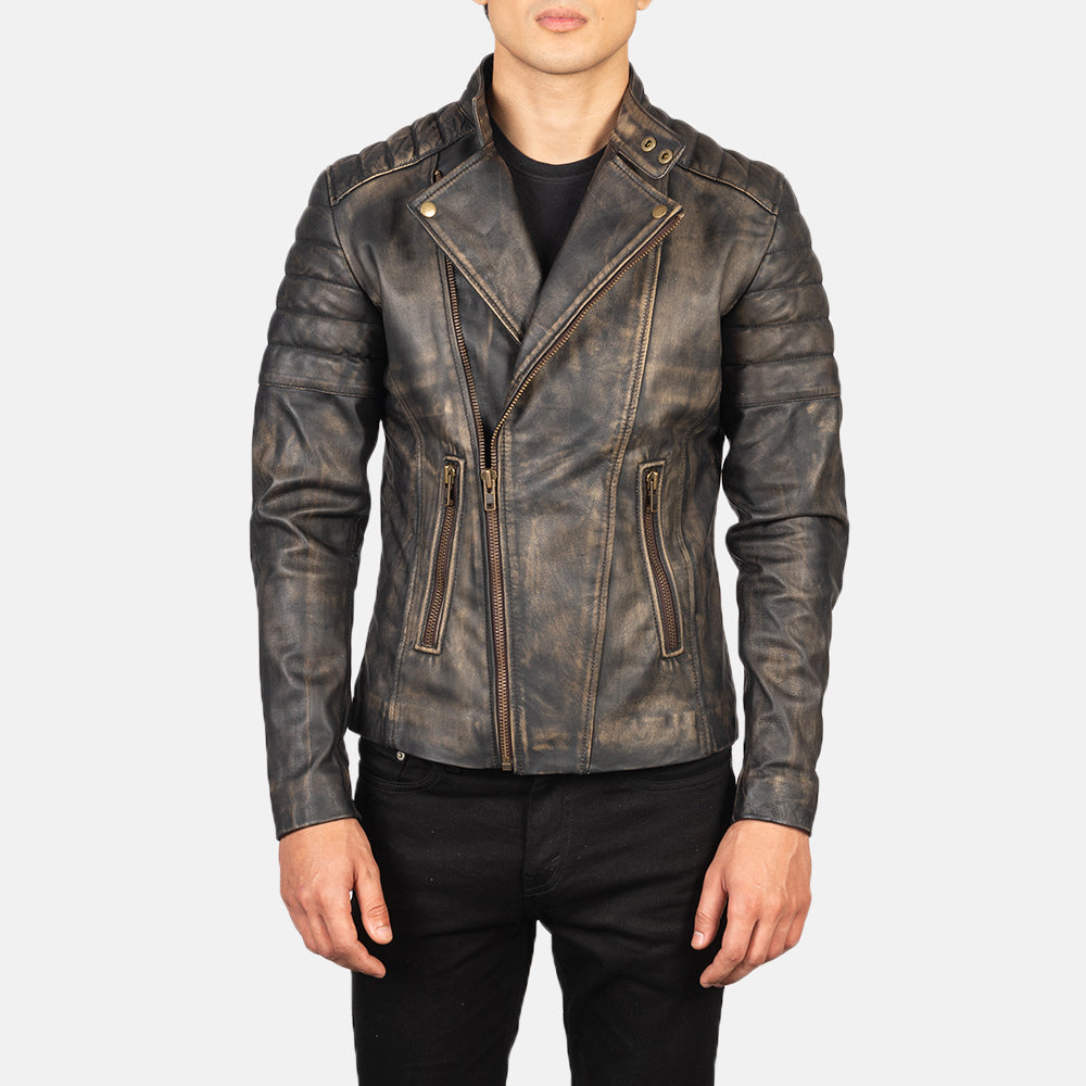 Faisor Distressed Brown Leather Biker Jacket - Kualited