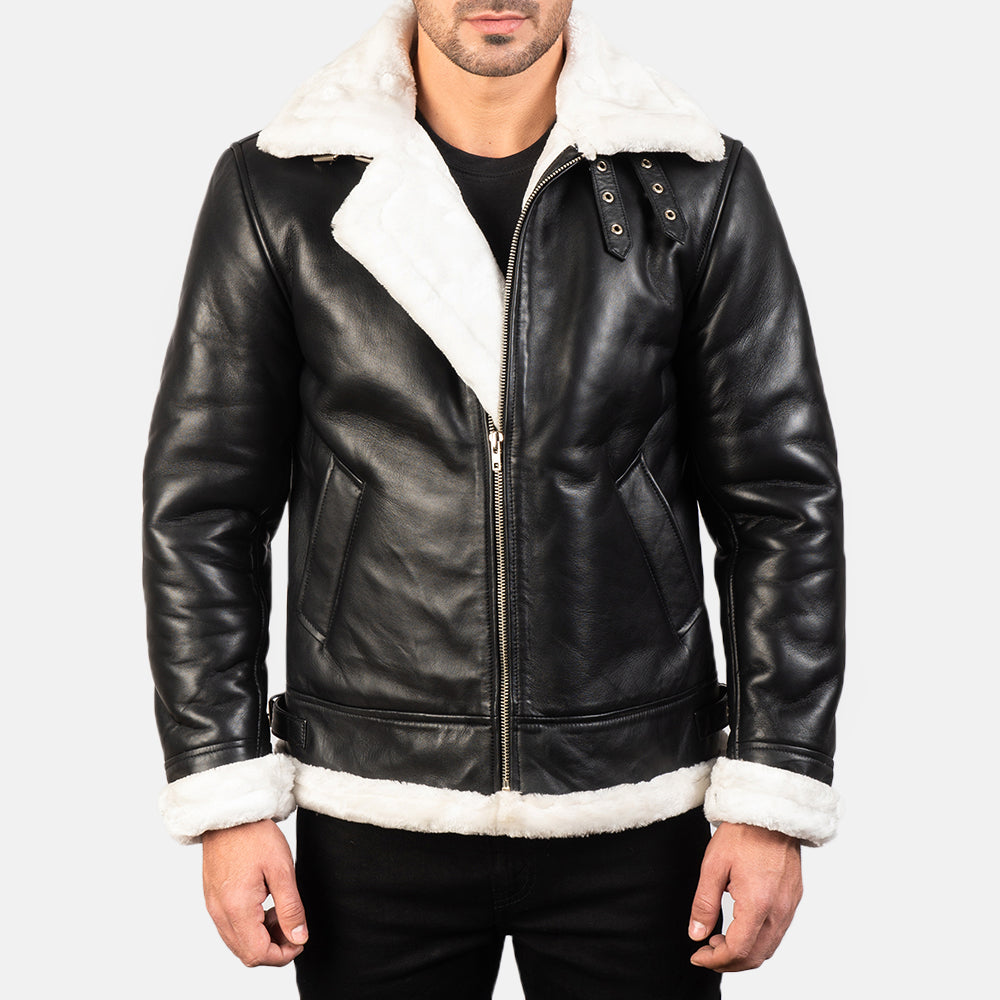 Francis B-3 Black & White Leather Bomber Jacket - Kualited