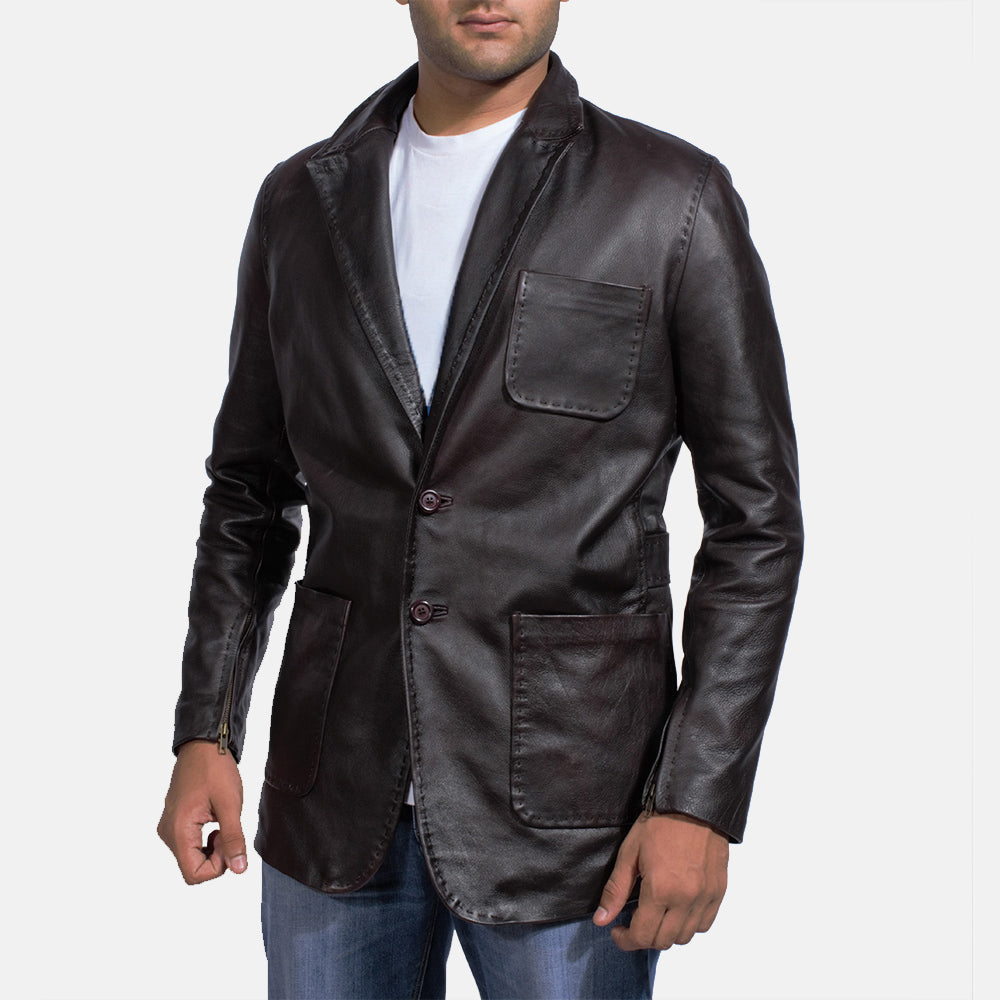 Wine Black Leather Blazer - Kualited