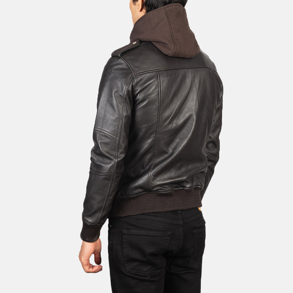 Bravado Brown Hooded Leather Bomber Jacket - Kualited