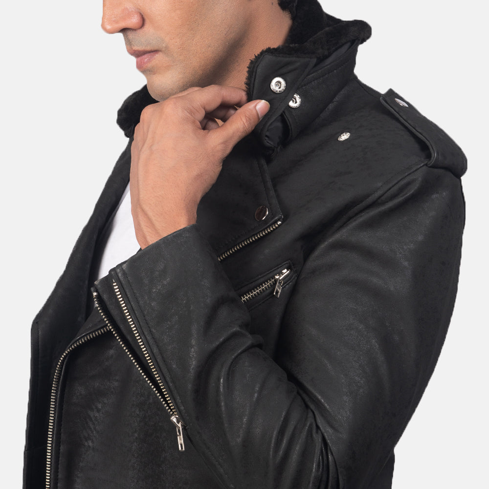 Furton Disressed Black Leather Biker Jacket