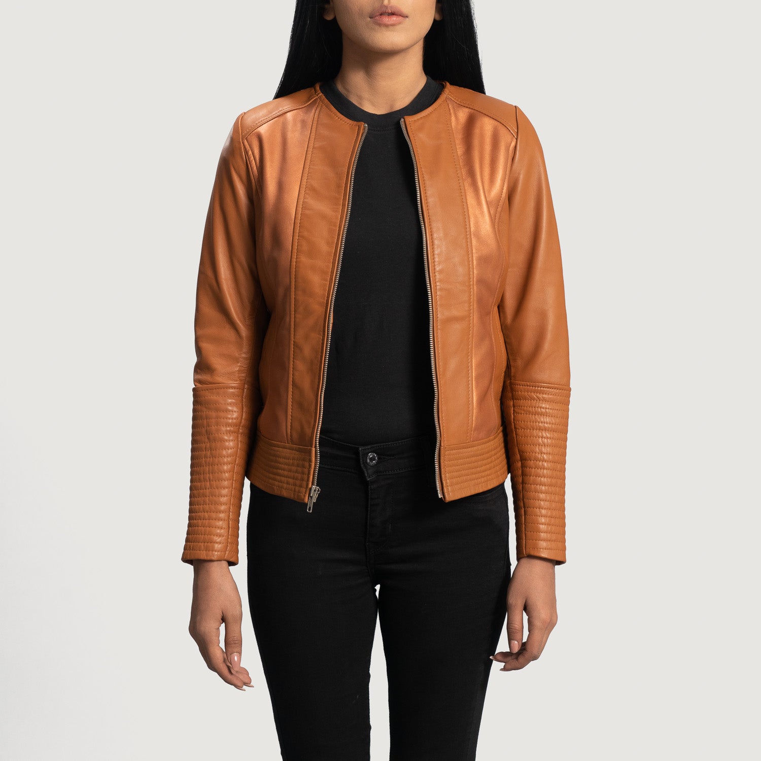 Sleeky Clean Tan Leather Biker Jacket - Kualited