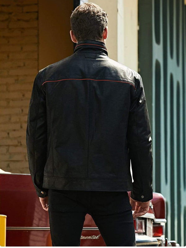 Men’s Black Leather Jacket With Red Stripes - Kualited